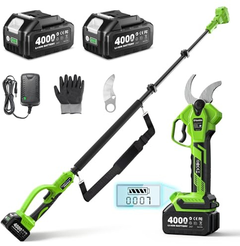 TaskStar Tijeras de Podar Eléctricas Inalámbricas 2 en 1: Diámetro de Corte 40mm Podadora de Poste Sin Escobillas – 2 Baterías de 4000mAh, Hoja SK5 de Repuesto, 4 Modos de Corte para Flores y Árboles