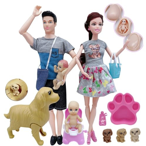 Ssguopte Maison de poupée familiale, poupée Enceinte avec bébé, Papa et Animal de Compagnie, Jouets d'imitation sûrs pour Enfants