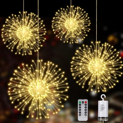 MOMOSTAR 150 LED Fuegos Artificiales Luces, 4 Piezas Luces de hadas LED, 8 Modos Fuegos Artificiales Luce con Control Remoto para Decoración Navideña Boda Exterior Interior