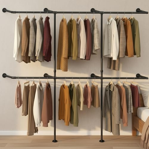 Gemsaya Offener Kleiderstange Wandmontage 300kg Traglast, Begehbarer Kleiderschrank mit 6 Kleiderstangen, 180cm x 210cm Industrial Kleiderschrank oder Kleiderständer Schwarz aus Metall Wasserrohren