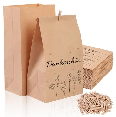 36 Stück Klein Dankeschön Papiertüten mit 36 Mini Holzklammern | 13 x 24 cm Dankeschön Kraftpapier Tüten Braun, Wasserabweisende Dankeschön Tüten für Hochzeit, Geburtstag, Weihnachten, Taufe