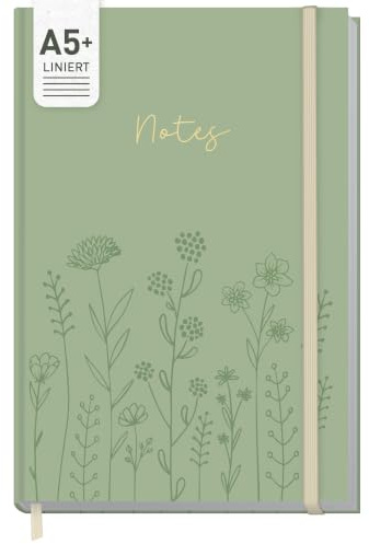 Häfft paper&you® Notizbuch A5+ liniert Journal Fine Flowers salbei | Notebook mit 156 linierten Seiten und Gummiband, 100g/m² Papier - als Tagebuch, für Notizen und kreative Listen