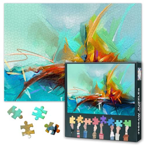1000 Teile Puzzle für Erwachsene Abstraktes Buntes Ölgemälde Semi Abstrakte Landschaft Modern Art Puzzle mit Gelb Rot Blau Zeitgenössische Kunst Home Deko 70x50 cm