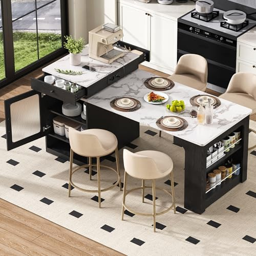 Ligterra Isla de Cocina con Asiento, Mesa de Comedor Extensible con Tablero Desmontable, Mesa de Bar, Sirve como Aparador, Cómoda o Mesa de Bar para Cocina y Comedor (Negro)