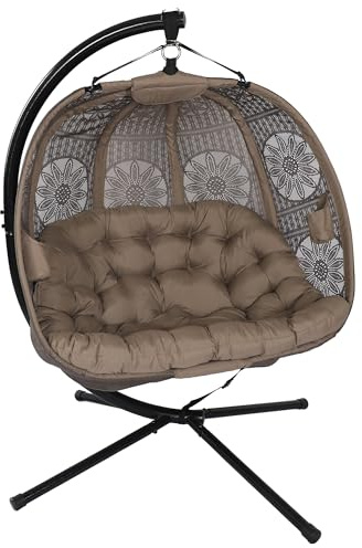 Olofable Double Hanging egg Chair with Stand - 2 Person W/Plush Cushions, Weather-Resistant Fabric, Indoor Outdoor Foldable Swing Chair for Patio, Balcony, Yard & Living Room(Sunflower Sand)
