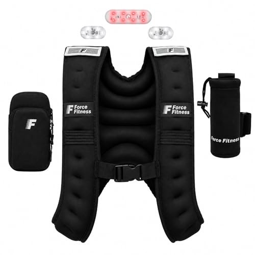 Force Fitness Gewichtsweste zum Laufen mit LED-Sicherheitslichtern vorne und hinten, abnehmbarer Flaschenhalter und Handytasche, verstellbare Größe, Gewichtsweste für nächtliche Spaziergänge, Läufer