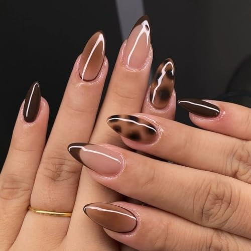 Zimocepuz Press On Nails, Unghie Finte a Mandorla con Stampa Leopardata, Unghie Finte di Media Lunghezza per Donna
