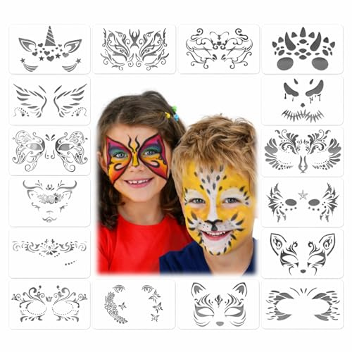 16 Stück Wiederverwendbare Schablonen Kinder Set für Gesichts-Make-up, Vielseitige Kinderschminken Vorlagen– Ideal für Karneval, Geburtstag, Halloween & Kreativpartys