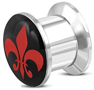 BlackAmazement Plug Flesh Tunnel Inlay Piercing 316L Edelstahl Fleur De Lis Lilie rot schwarz Damen Herren (14 mm - 1 Stück)