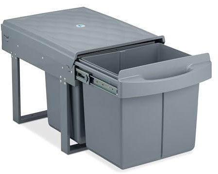 Relaxdays Einbaumülleimer 2-Fach, auziehbarer Küchenmülleimer für Unterschrank, 2x15 Liter, 34,6 x 34 x 51,8 cm, grau
