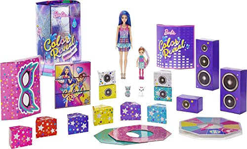 Barbie Color Reveal Set de fiesta para regalo, muñecas sorpresa de juguete con accesorios y juego de mesa (Mattel GXJ88)