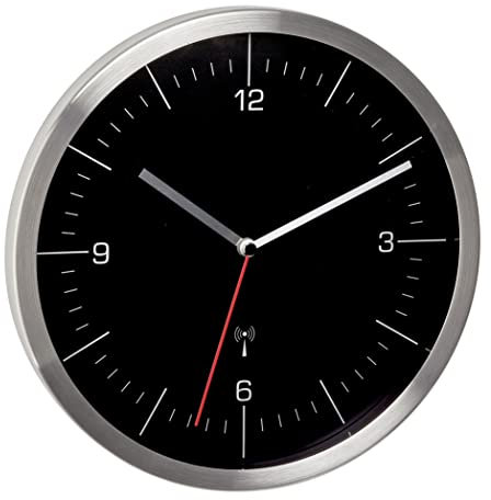 TFA Dostmann Funk Wanduhr, 60.3544.01, ohne Tickgeräusche, Küchenwanduhr, analog, aus Glas Edelstahl Schwarz-Silber, 245 x 41 mm