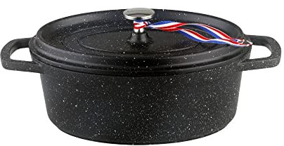KAMBERG Cocotte, Diametro 26 cm Ovale Nera, Fusione di Alluminio, Rivestimento Effetto Pietra, Compatibile con Tutti i Piani Cottura, Incluso Quello a Induzione, Senza PFOA