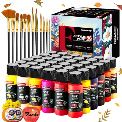 Fantastory Acrylfarben Set, 60mlx36 klassische Acrylic Paint,12 Pinseln;wasserfest,hohe Lichtechtheit,ungiftig;für Leinwand,Holz,Keramik,Modelle,Stoffe;Maler,Erwachsene[ProfessionelleSerie]