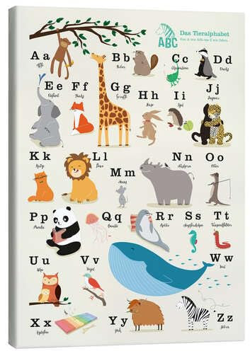 ABC Leinwandbild Kinder mit Buchstaben und 26 farbenfrohen Tieren - gerahmtes Alphabet Leinwand Bild 20x30cm (inklusive Wandhalterung) für Kinderzimmer, Kindergarten, Vorschule und Schule