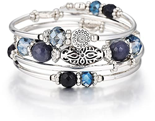 FULU AUTUMN Silver Beaded Bangle Bracelet for Women Handmade Boho Stacking Wrap Bracelet with Crystal Beads Costume Fashion Jewellery Gifts(Blue)