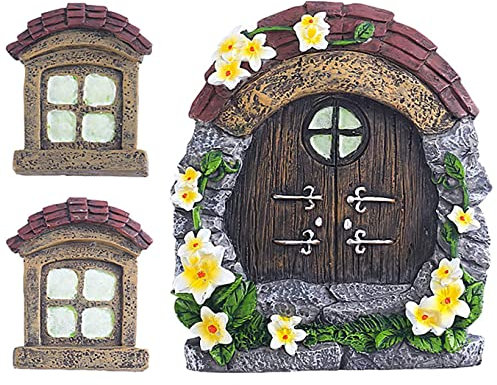 Porta fatata da giardino e finestra per alberi, 14 cm, in resina, in miniatura, porta gnomo, decorazione da giardino, luci al buio (Tegole)