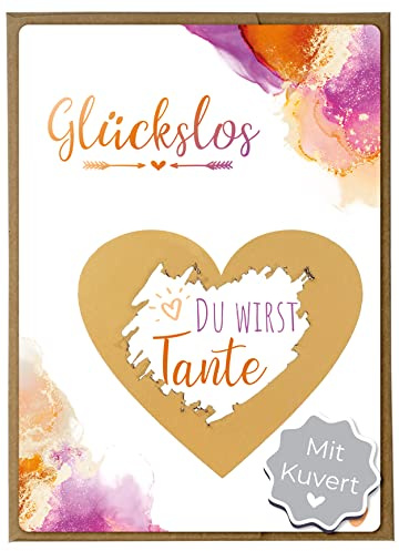 Joli Coon Rubbelkarte Du wirst Tante, mit Kuvert, Schwangerschaft verkünden | 350g Designerpapier, fühlbare UV-Lack-Veredelung, naturfarbenes Steckkuvert mit goldenem Herz, zur Schwangerschaftsverkündung