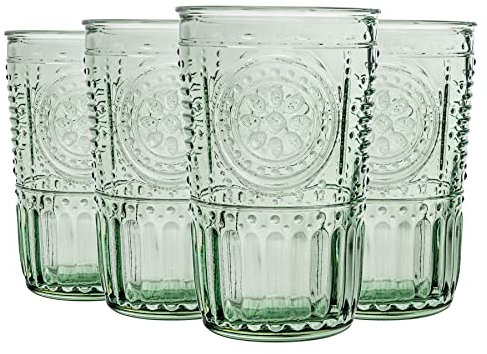 Bormioli Rocco Romantic Highball Glasses - Floral Decorated Boho Water Juice Cocktail Tumblers - 340ml - Green - Pack of 8