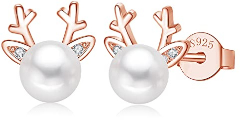 Josfeva Silber Weihnachten Ohrringe Damen, 925 Sterling Silber Elch Perle Ohrstecker, 7mm Rose Gold Weihnachts Ohr Stecker, Schlafen Knorpel Elch Ohr Stecker mit Perle, Süße Silber Damen Ohrstecker