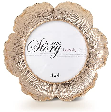 SWTHONY Round Floral Rose Gold Picture Frame, 4x4 Circular Flower Shaped Photo Frames with High Definition Glass Front for Wedding, Graduation