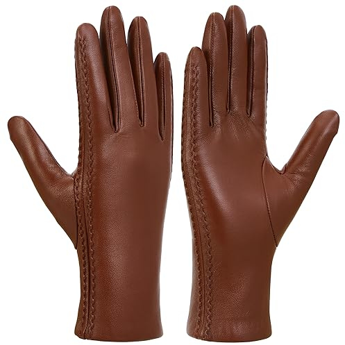 GSG SINCE 1998 Guantes Cuero Mujer Invierno Forro de Lana para Conducir antalla Táctil Guantes de Piel de Oveja Cálido Marrón S