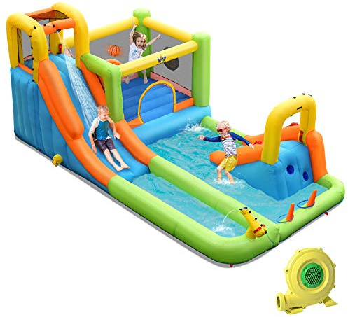 COSTWAY Parque Acuático, Casa Inflable con Doble Tobogán, Canasta de Baloncesto, Lanzador de Puntos, Juego de Lanzamiento de Anillos, Pared de Escalada, Incluye Anillos de Plástico (con Soplador)