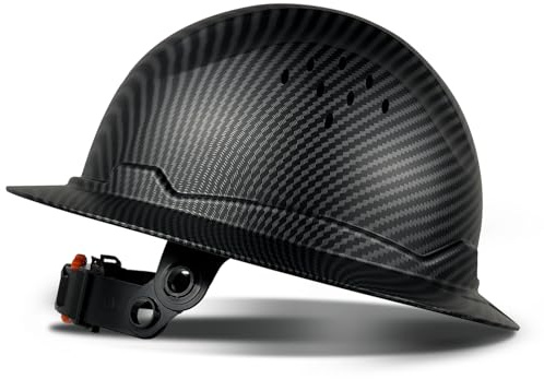 SAFEBUILDER Casque rigide à motif en fibre de carbone à large bord, réglable et confortable à cliquet ANSI – Construction et industriel (chapeau noir mat)