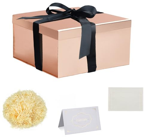 Scatola Regalo Oro Rosa con Coperchi Scatola Regalo 20x20x10cm Piccolo con Nastro Biglietti Auguri Carta Velina Tagliuzzata per Natale Compleanno Matrimonio