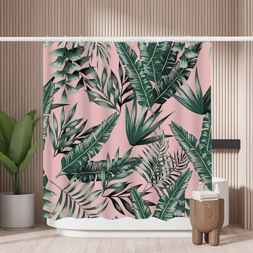 Woutay Rideau de douche résistant à la moisissure en polyester avec 12 crochets en plastique Motif feuilles de bananier tropicales Vert