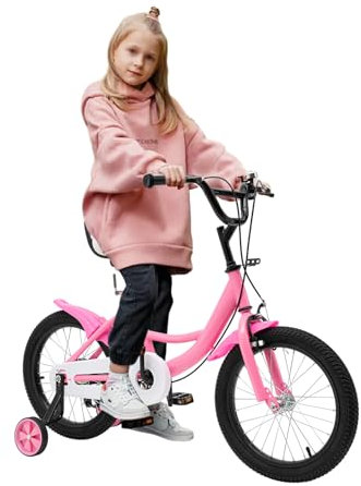 NaMaSyo 16 Zoll Kinderfahrrad mit Stützrädern Fahrrad Jungen Mädchen Kinder Fahrrad für ab 5-8 Jahre Fahrräder Kinderrad Ausbildungsfahrzeuge Höhe Einstellen (Rosa)