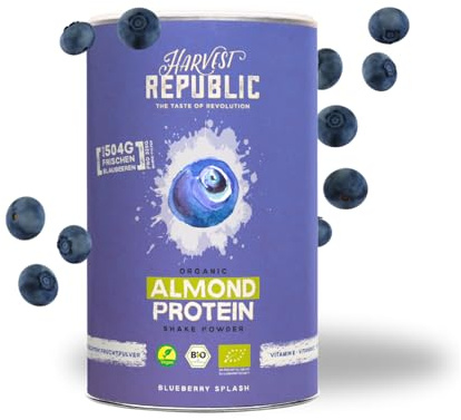 HARVEST REPUBLIC Bio Mandelprotein Pulver Wildheidelbeere mit 100% echtem Fruchtpulver | 320 g veganes Proteinpulver, verfeinert mit gefriergetrockneten Früchten | bis zu 12 g Protein pro Portion