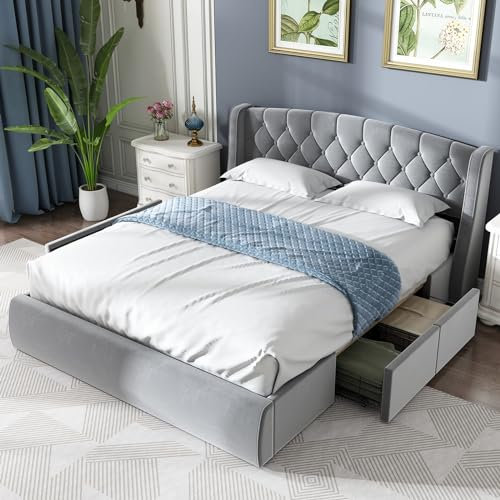 Skcess Samt Polsterbett 140 X 200 cm,Schubladen Aus Stabilem Drahtgeflecht,Doppelbett Mit Lattenrost Und 4 Bettschubkästen,Ohne Matratze,Grau