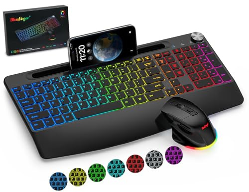 BlueFinger Tastiera wireless e mouse combinata retroilluminata, tastiera da gioco ergonomica ricaricabile da 2,4 G con poggiapolsi, supporto per telefono, manopola del volume, tastiera silenziosa con