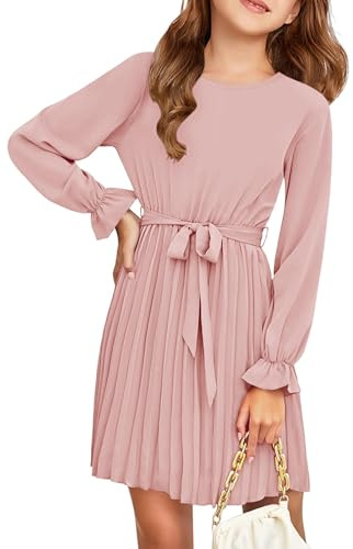 Haloumoning Robe élégante à manches longues pour fille - Robe trapèze plissée - Col rond - Robe midi fluide