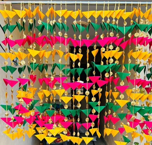 Decorative 4 Feet, Wall Hanging Triangle Felt Cloth Garlands for Diwali, Navratri, Mehndi, Wedding,Party Decoration, Backdrops, Home Décor, Color Theme, Festivals (Pack of 10) (Mixed Gota patti)