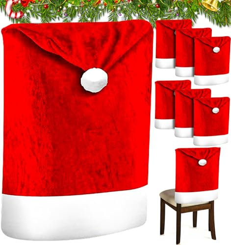 MWZEAUL Premium Stuhlhussen Weihnachten, 6er Set Stuhlhussen Weihnachtsdeko Innen für Stühle, Rot Samt Weihnachts Stuhlhussen, Weihnachtsmütze Design Hussen Stuhlhusse Weihnachten, 64 x 50 cm