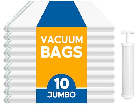 10 Jumbo Vacuum Seal Bags with Hand Pump, Vacuum Storage Bags, Space Saver Bags for Clothing, Comforters, Blankets, Bedding, Pillows