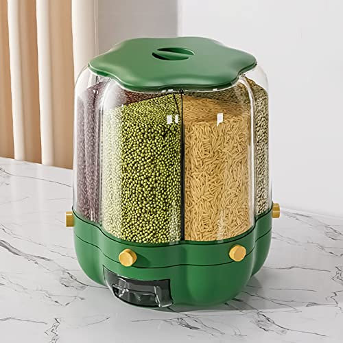 6 Grid Rotating Food Dispenser Dry Food Storage Container Round Grain Cereals Dispenser Cereal Containers with Lid Grain Storage Box Organizer 360° Rotating Food Bucket for Home Kitchen (Gre