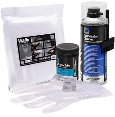 ERRECOM Kit nettoyage climatisation, contient Evaporator Cleaner PRO nettoyant climatiseur+brosse poils durs, housse de protection Wally, A/C Tabs 40 tablettes climatiseur à action prolongée, gants
