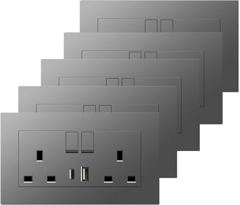 5 Pack Double Switched Power Socket, Double Socket with USB-A and Type-C Charging Ports, Electric Power Socket 13 Amp, UK Standard Wall Socket (Grey)