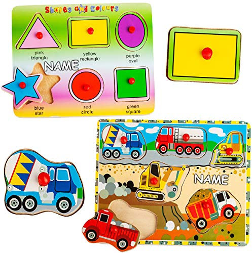 alles-meine.de GmbH 2 Bretter Holzpuzzle/Steckpuzzle mit Griff - Motivwahl - Auto & Baustellen Fahrzeuge + Formen + Farben - inkl. Name - je 6 Teile - großes Holzpuzzle/EIN..