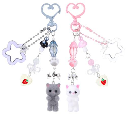 Ouligay Y2k Lot de 2 porte-clés en peluche avec pendentif en forme de chat mignon avec cœur et étoile pour les amoureux des chats, petite amie, femme, Rose, gris., 13 cm