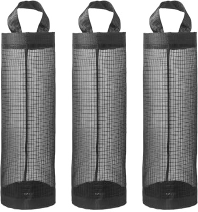 Belligern 3 Pcs Plastic Bag Holder, Reusable Carrier Bag Storage with 3 Hooks Carrier Bag Holder Mesh Hanging Grocery Plastic Bag Storage Holder Suitable for Home Kitchen Travel(Black)