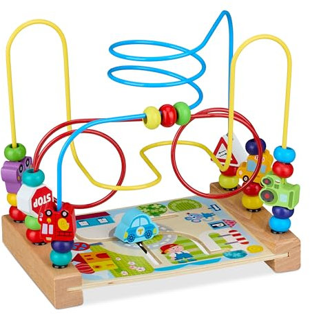 Relaxdays Motorikschleife, Holz Motorikspielzeug, Fahrzeugmotiv, ab 3 Jahre, Holzspielzeug für Mädchen & Jungen, bunt
