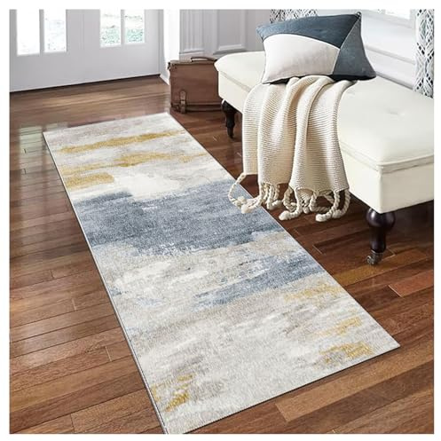 Siunwdiy Läufer Flur Teppich 90 x 420 cm, Lang Küche Teppich, Grau Bettumrandung Läufer, Modern Flur Läufer Teppich, rutschfest Waschbar, für Wohnzimmer, Flur, Schlafzimmer, Esszimmer