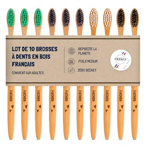 [EHOP] Lot de 10 Brosses à Dents en Bois Français | Poils Medium | Convient aux Adultes | Fabrication Française | Brosses Écologiques | Dentaire Zéro Déchet, Manche Biobasé