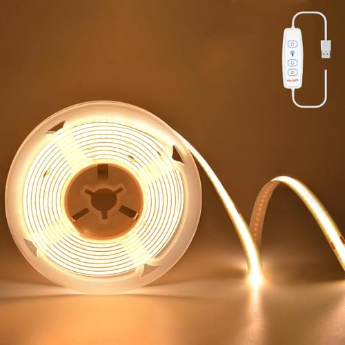 Kimuwote Striscia LED COB da 3 m, USB 5 V, luce bianca calda, 3000 K, dimmerabile, 960 LED, flessibile, per camera da letto, casa, armadio, illuminazione fai da te
