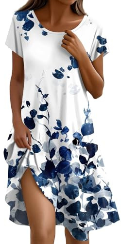 Sommerkleid Damen Knielang Casual Kleider Sommer Boho Tunika Kleid A Linien Elegant Strandkleid Kurzarm Sommerkleider Frauen Leicht Und Luftig Freizeitkleid Locker Schick Damenkleider Luftige