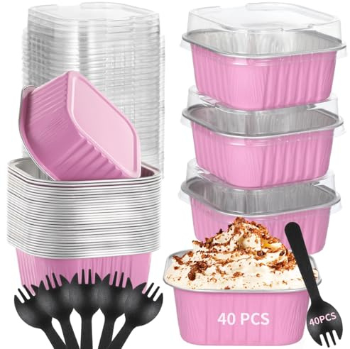 Confezione da 40 tazze da dessert in alluminio con cucchiai, 300 ml, quadrate, con coperchio, contenitori riutilizzabili per budino, torte, gelati, picnic
